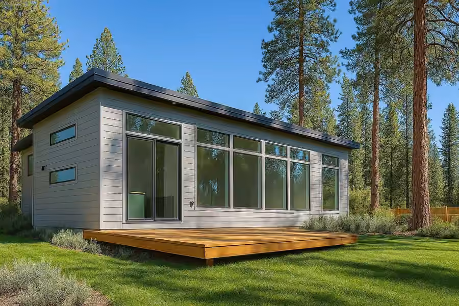 A modular home with a wood deck set among tall pine trees