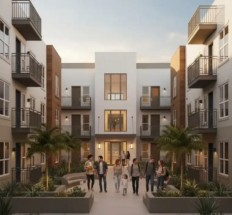 Concept rendering of three-story homes around a landscaped courtyard with palms, balconies and residents walking